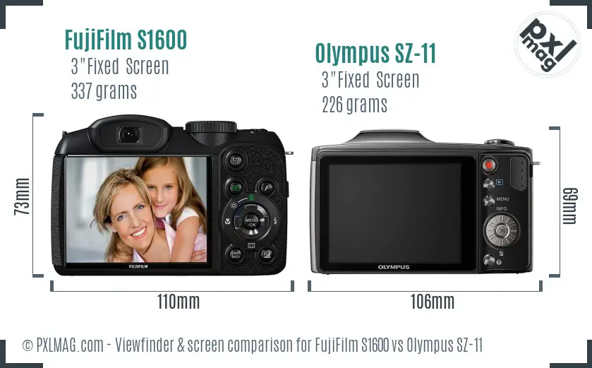 FujiFilm S1600 vs Olympus SZ-11 Screen and Viewfinder comparison