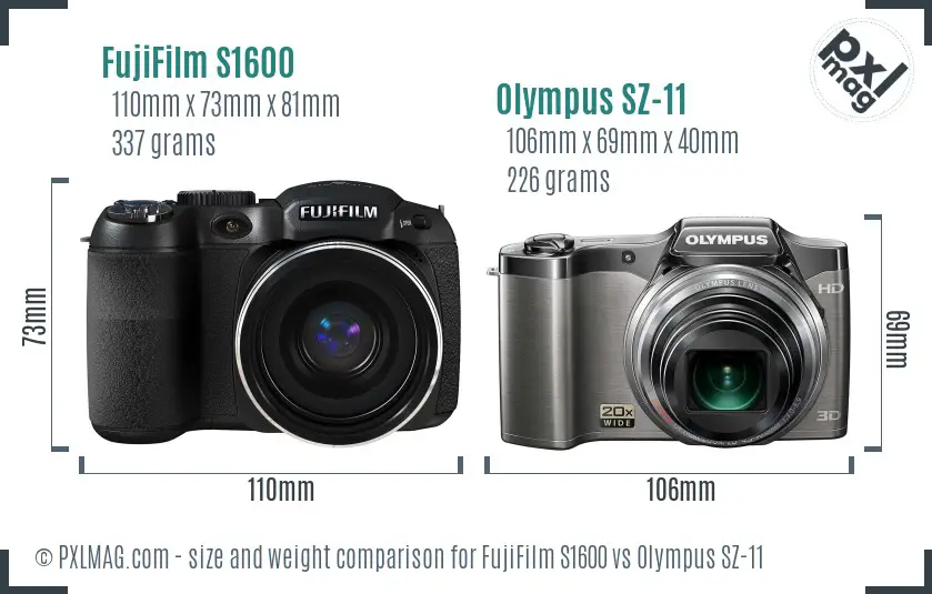 FujiFilm S1600 vs Olympus SZ-11 size comparison