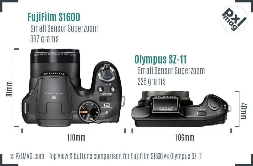 FujiFilm S1600 vs Olympus SZ-11 top view buttons comparison