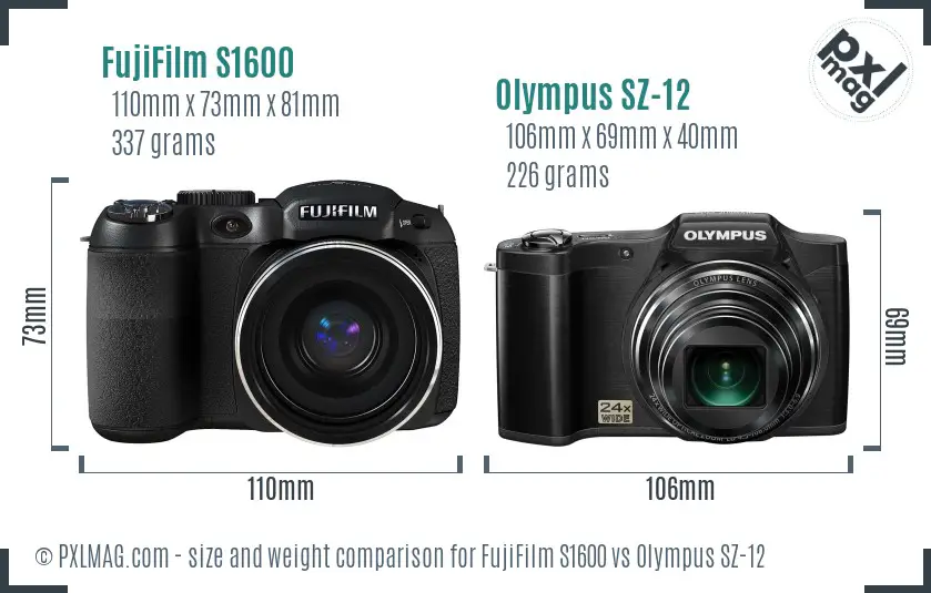 FujiFilm S1600 vs Olympus SZ-12 size comparison