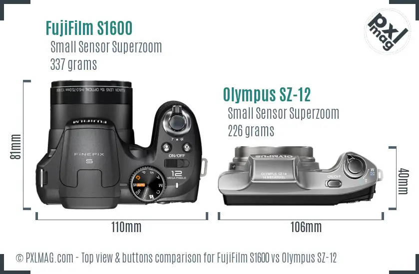 FujiFilm S1600 vs Olympus SZ-12 top view buttons comparison