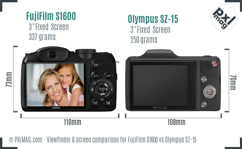 FujiFilm S1600 vs Olympus SZ-15 Screen and Viewfinder comparison