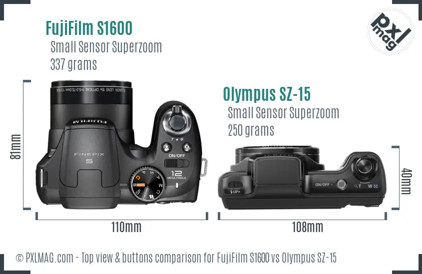 FujiFilm S1600 vs Olympus SZ-15 top view buttons comparison