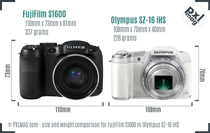 FujiFilm S1600 vs Olympus SZ-16 iHS size comparison FujiFilm S1600 vs Olympus SZ-16 iHS size comparison
