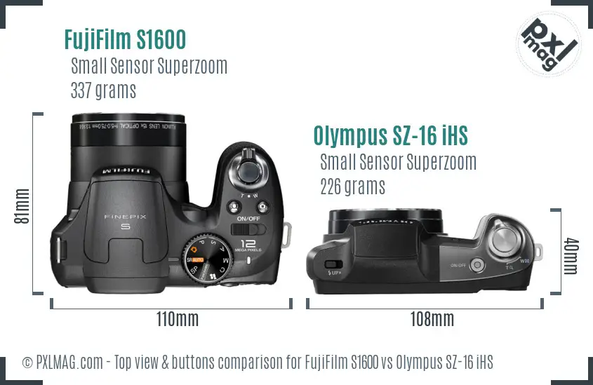FujiFilm S1600 vs Olympus SZ-16 iHS top view buttons comparison FujiFilm S1600 vs Olympus SZ-16 iHS top view buttons comparison