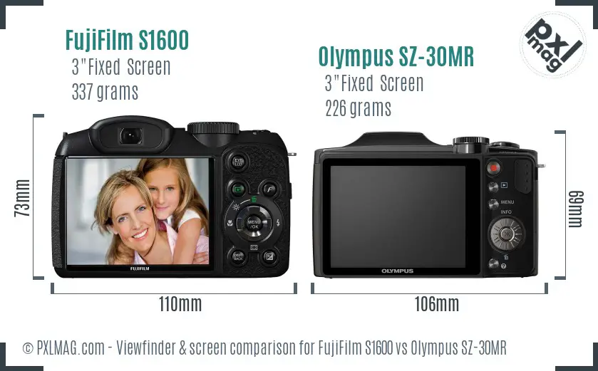 FujiFilm S1600 vs Olympus SZ-30MR Screen and Viewfinder comparison
