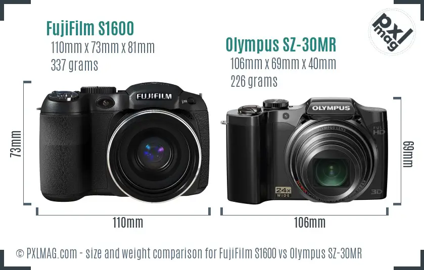 FujiFilm S1600 vs Olympus SZ-30MR size comparison