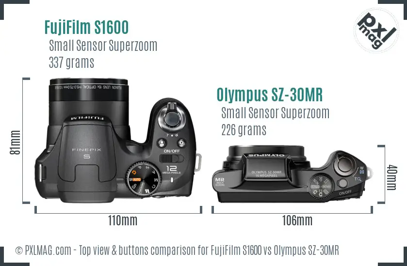 FujiFilm S1600 vs Olympus SZ-30MR top view buttons comparison