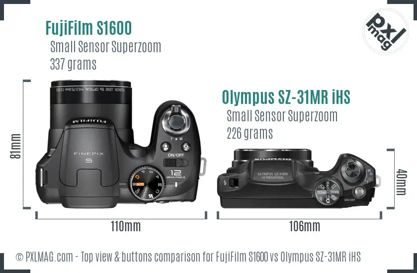 FujiFilm S1600 vs Olympus SZ-31MR iHS top view buttons comparison FujiFilm S1600 vs Olympus SZ-31MR iHS top view buttons comparison