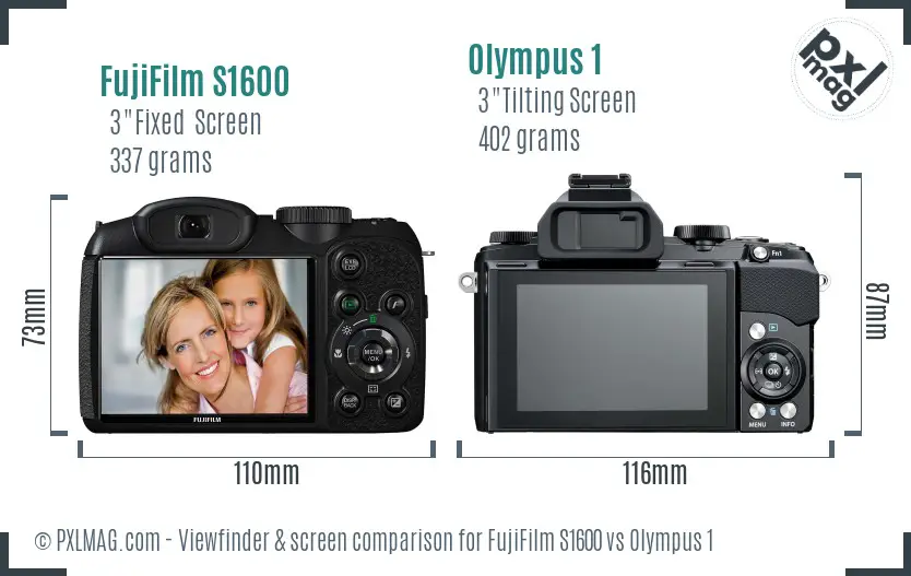 FujiFilm S1600 vs Olympus 1 Screen and Viewfinder comparison