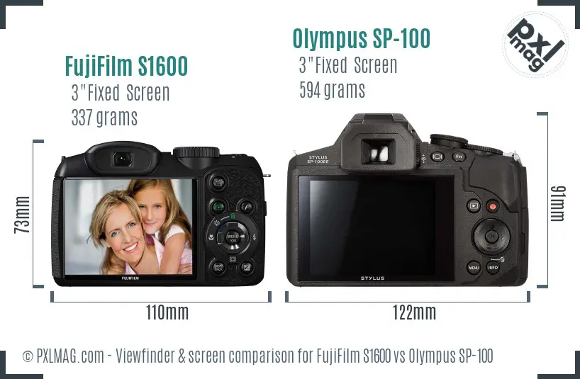 FujiFilm S1600 vs Olympus SP-100 Screen and Viewfinder comparison