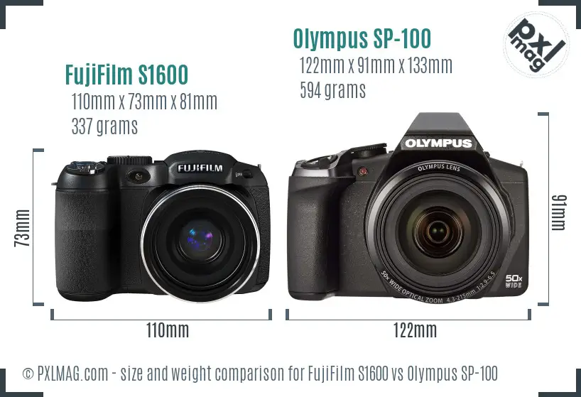 FujiFilm S1600 vs Olympus SP-100 size comparison