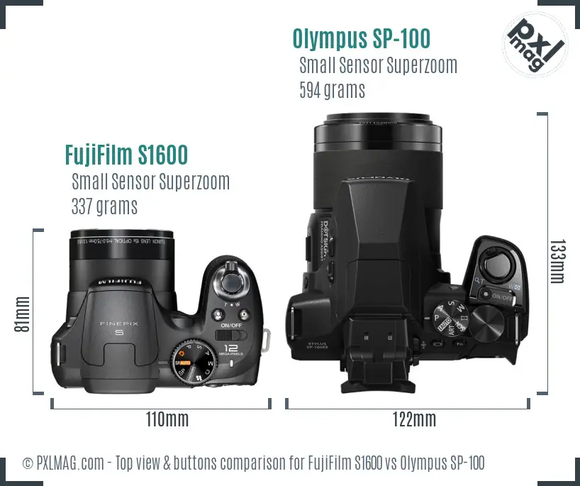 FujiFilm S1600 vs Olympus SP-100 top view buttons comparison