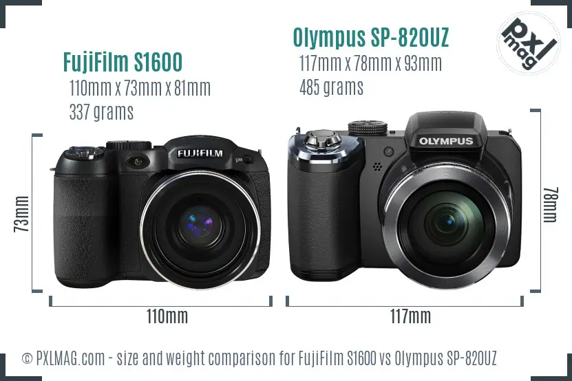 FujiFilm S1600 vs Olympus SP-820UZ size comparison