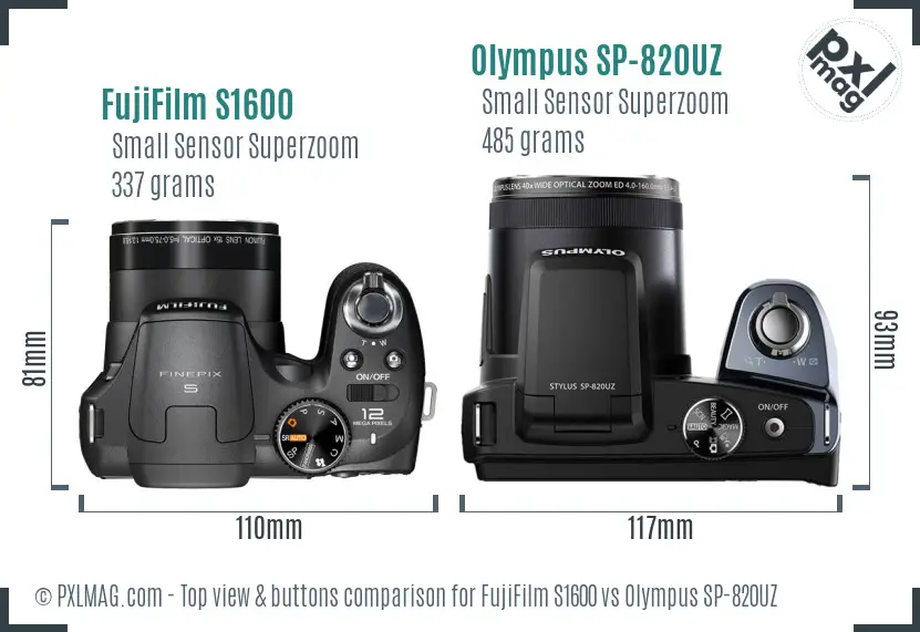FujiFilm S1600 vs Olympus SP-820UZ top view buttons comparison