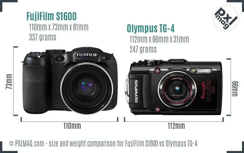 FujiFilm S1600 vs Olympus TG-4 size comparison