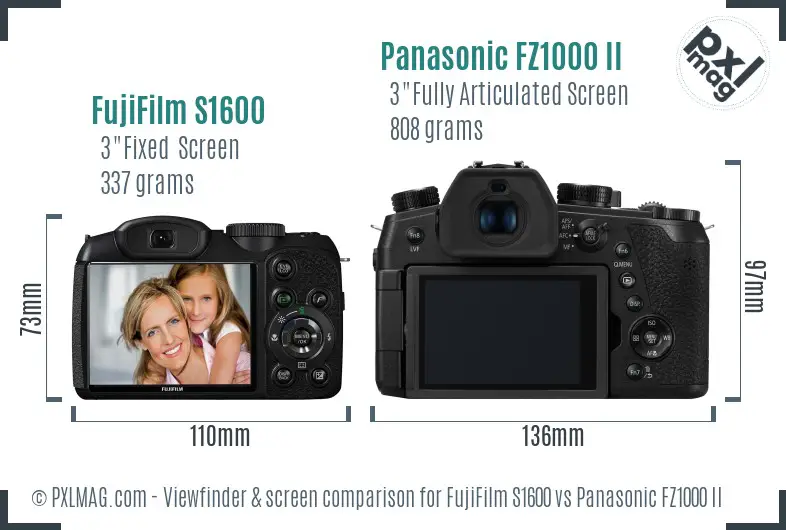 FujiFilm S1600 vs Panasonic FZ1000 II Screen and Viewfinder comparison