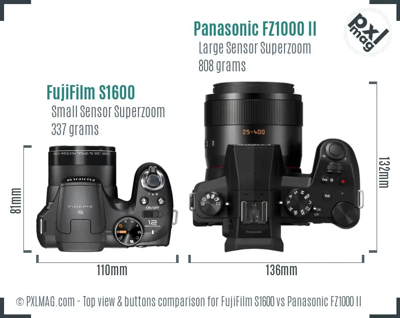 FujiFilm S1600 vs Panasonic FZ1000 II top view buttons comparison