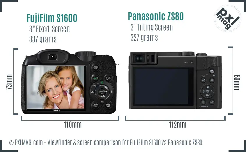 FujiFilm S1600 vs Panasonic ZS80 Screen and Viewfinder comparison