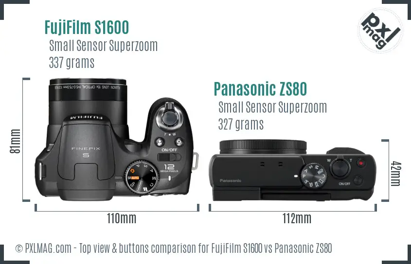 FujiFilm S1600 vs Panasonic ZS80 top view buttons comparison