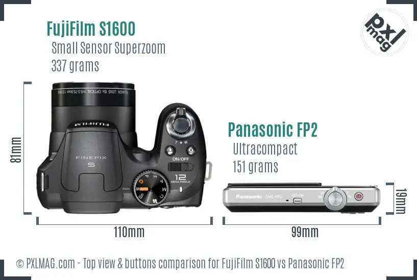 FujiFilm S1600 vs Panasonic FP2 top view buttons comparison