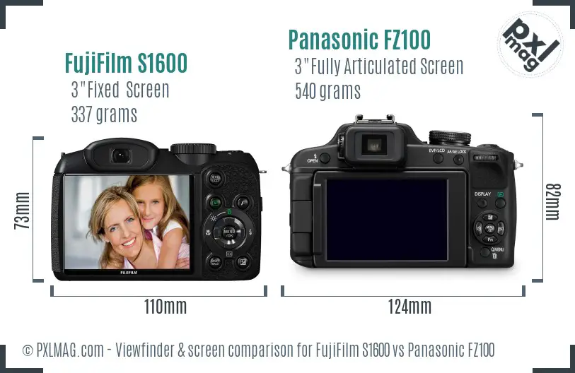 FujiFilm S1600 vs Panasonic FZ100 Screen and Viewfinder comparison