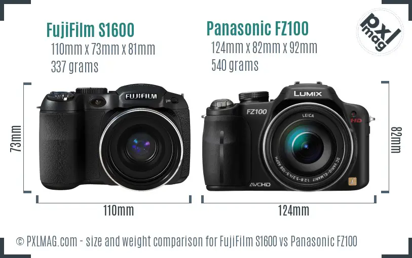 FujiFilm S1600 vs Panasonic FZ100 size comparison