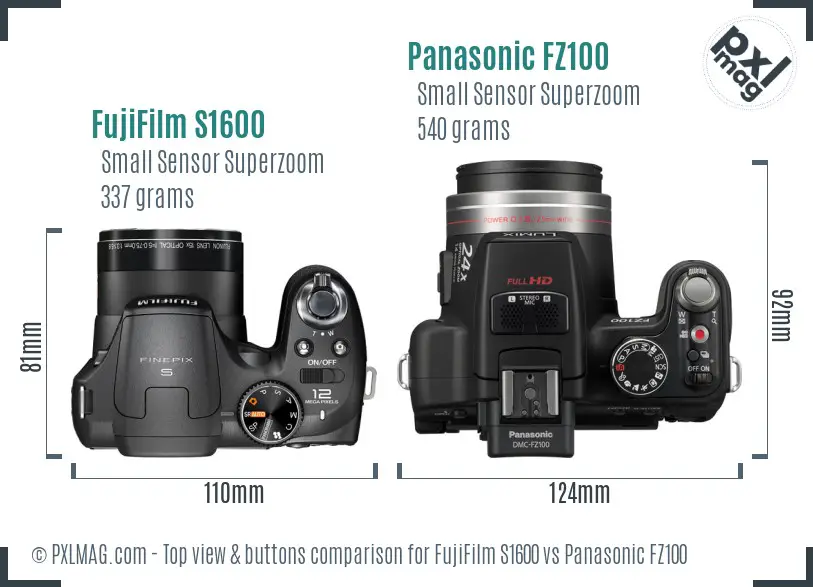 FujiFilm S1600 vs Panasonic FZ100 top view buttons comparison