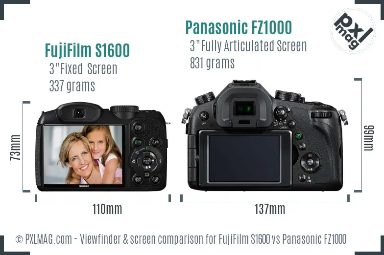 FujiFilm S1600 vs Panasonic FZ1000 Screen and Viewfinder comparison