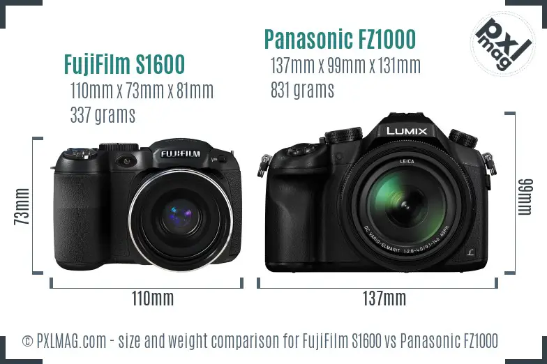 FujiFilm S1600 vs Panasonic FZ1000 size comparison