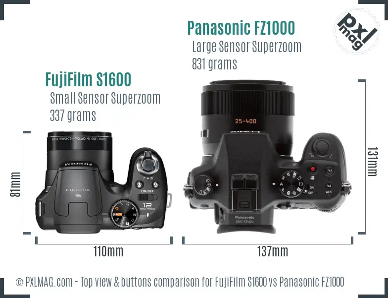 FujiFilm S1600 vs Panasonic FZ1000 top view buttons comparison