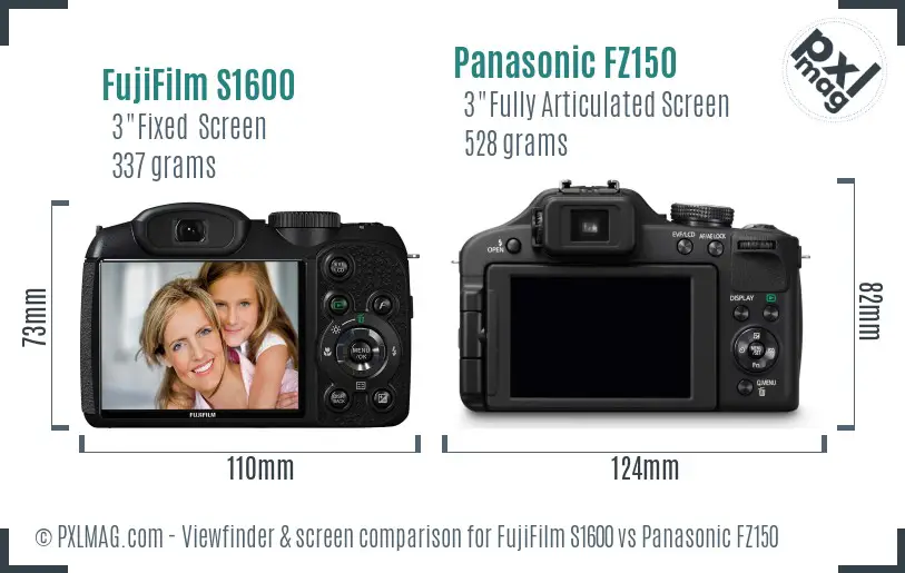 FujiFilm S1600 vs Panasonic FZ150 Screen and Viewfinder comparison