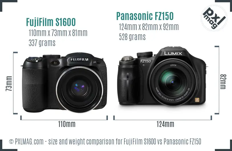 FujiFilm S1600 vs Panasonic FZ150 size comparison