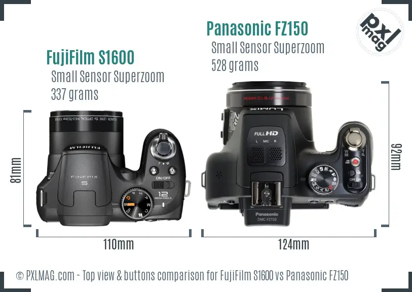 FujiFilm S1600 vs Panasonic FZ150 top view buttons comparison