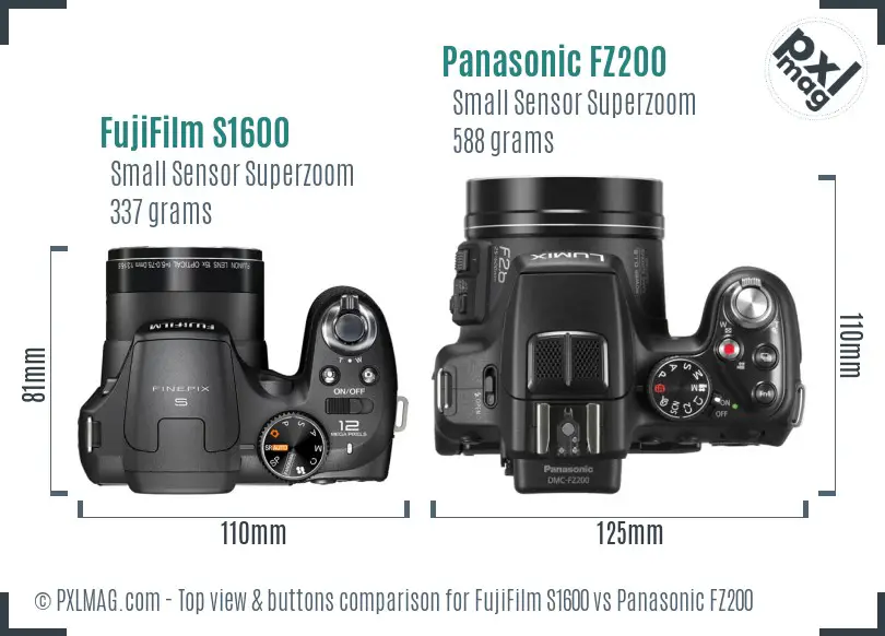 FujiFilm S1600 vs Panasonic FZ200 top view buttons comparison