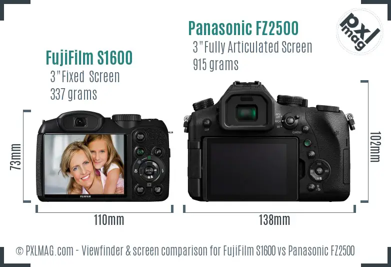 FujiFilm S1600 vs Panasonic FZ2500 Screen and Viewfinder comparison