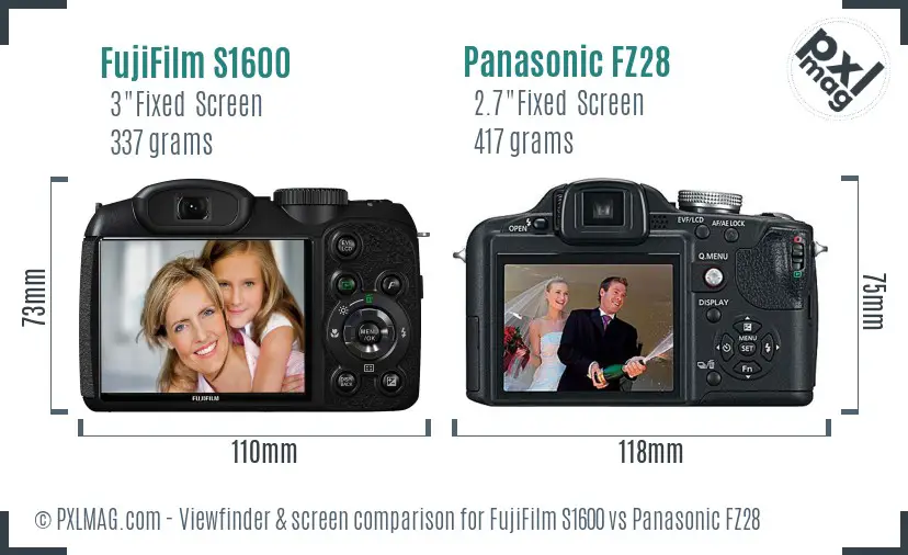 FujiFilm S1600 vs Panasonic FZ28 Screen and Viewfinder comparison