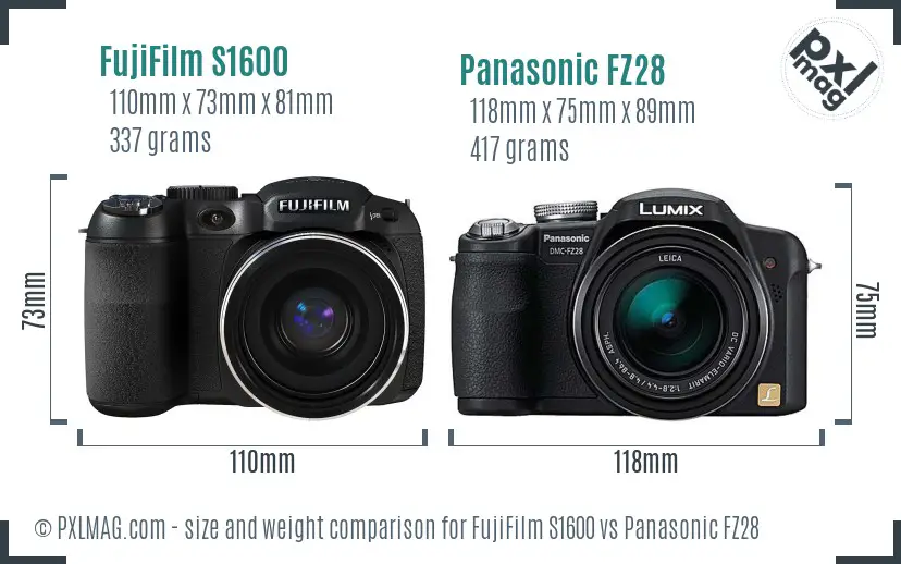 FujiFilm S1600 vs Panasonic FZ28 size comparison