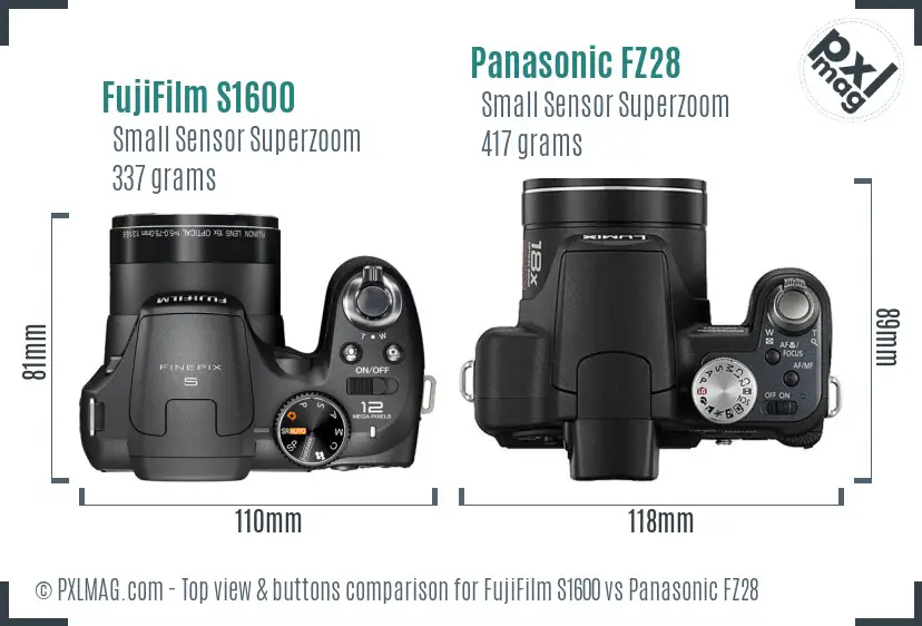 FujiFilm S1600 vs Panasonic FZ28 top view buttons comparison