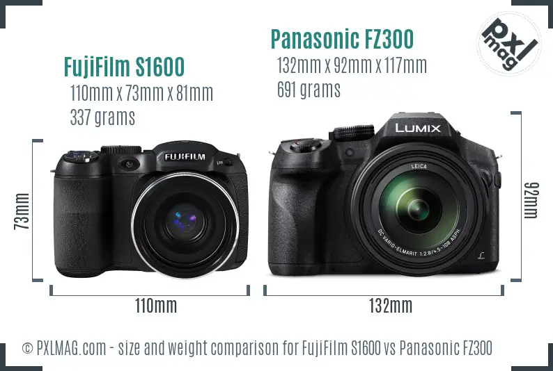FujiFilm S1600 vs Panasonic FZ300 size comparison