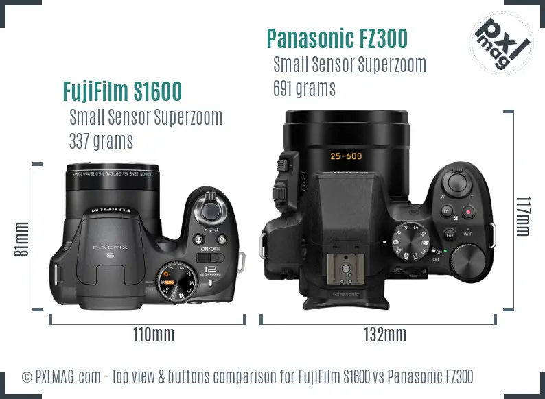 FujiFilm S1600 vs Panasonic FZ300 top view buttons comparison