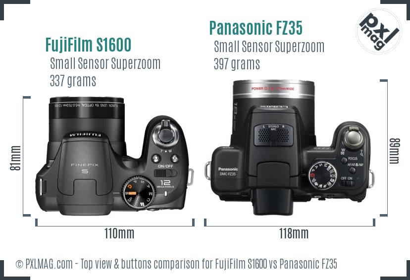 FujiFilm S1600 vs Panasonic FZ35 top view buttons comparison