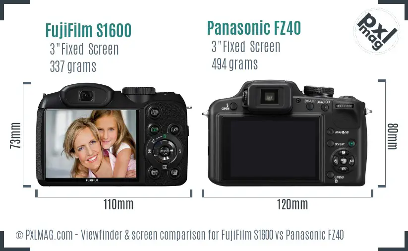 FujiFilm S1600 vs Panasonic FZ40 Screen and Viewfinder comparison