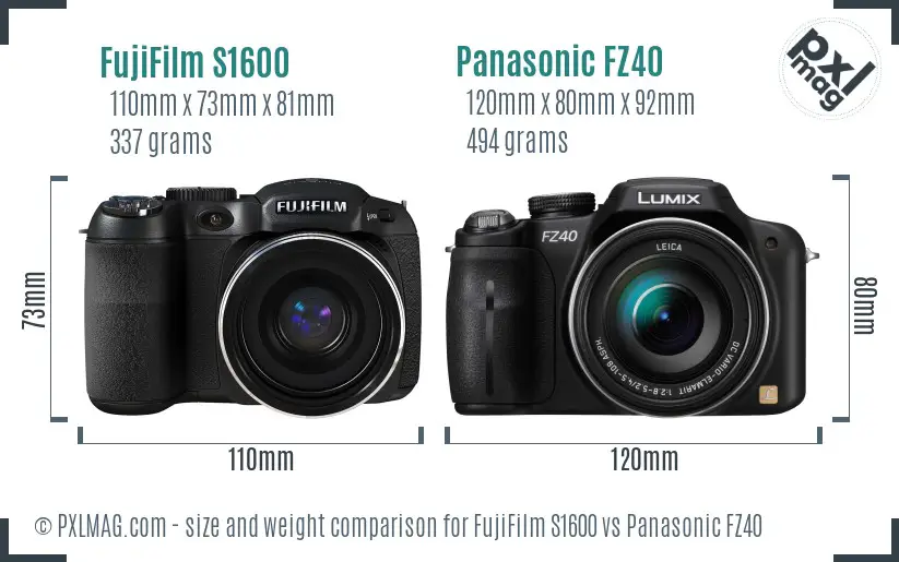 FujiFilm S1600 vs Panasonic FZ40 size comparison