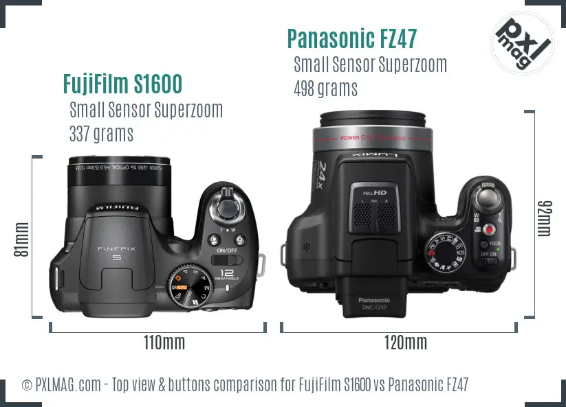 FujiFilm S1600 vs Panasonic FZ47 top view buttons comparison FujiFilm S1600 vs Panasonic FZ47 top view buttons comparison