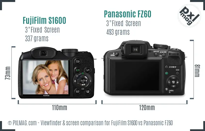 FujiFilm S1600 vs Panasonic FZ60 Screen and Viewfinder comparison