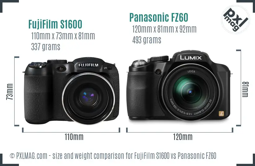 FujiFilm S1600 vs Panasonic FZ60 size comparison