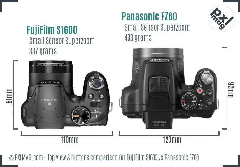 FujiFilm S1600 vs Panasonic FZ60 top view buttons comparison