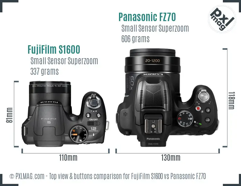 FujiFilm S1600 vs Panasonic FZ70 top view buttons comparison