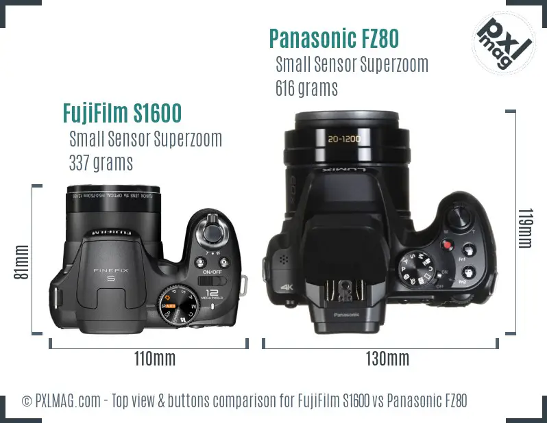 FujiFilm S1600 vs Panasonic FZ80 top view buttons comparison